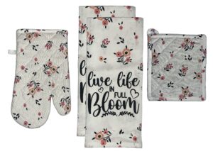 set of 4, 100% cotton, spring flower with sentiment live life in full bloom kitchen towel set, include 2 kitchen towels, 1 pot holder & 1 ovenmitt.