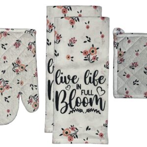 Set of 4, 100% Cotton, Spring Flower with Sentiment Live Life in Full Bloom Kitchen Towel Set, Include 2 Kitchen Towels, 1 Pot Holder & 1 Ovenmitt.