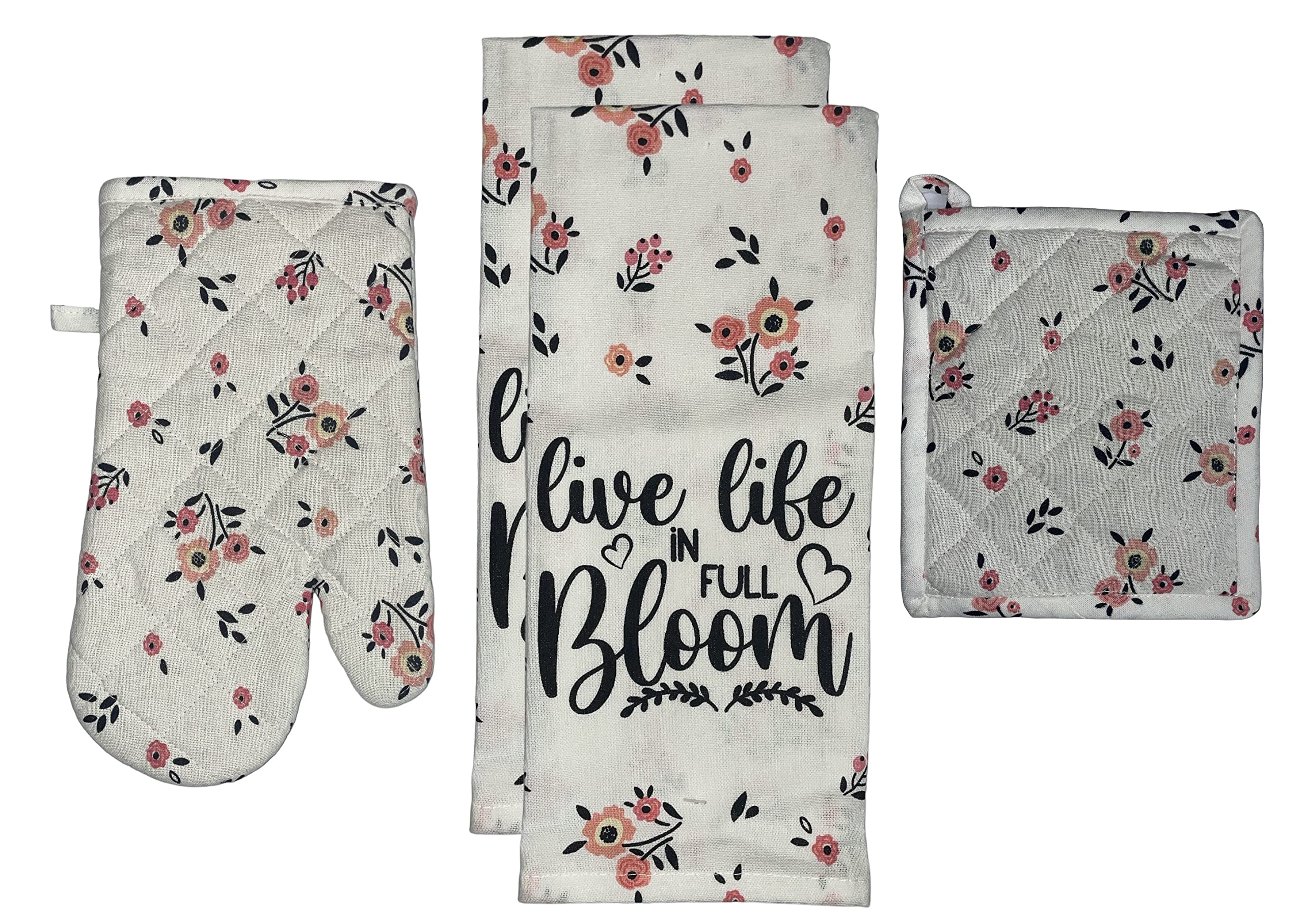 Set of 4, 100% Cotton, Spring Flower with Sentiment Live Life in Full Bloom Kitchen Towel Set, Include 2 Kitchen Towels, 1 Pot Holder & 1 Ovenmitt.