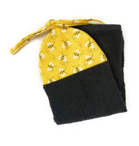 honey bumble bees on yellow ties on stays put kitchen hanging loop hand dish towel