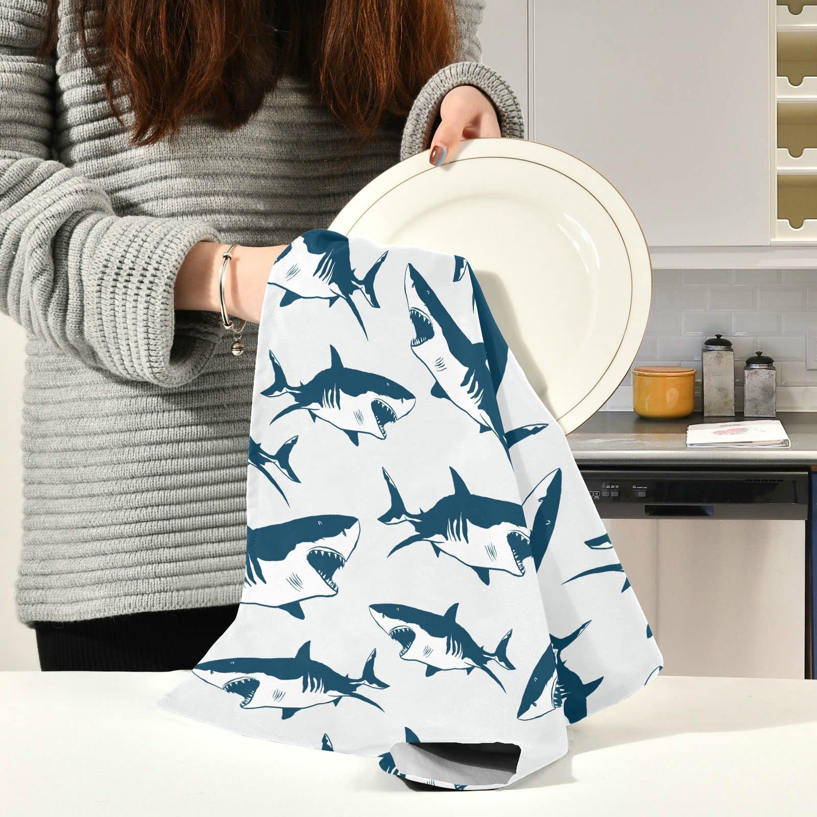 Kigai Cartoon Sharks Kitchen Towels 18x28 inch Ultra Soft Absorbent Quick Drying Kitchen Dish Towels Washable Cleaning Cloths Hand Towels Tea and Bar Towels, 1 Pack