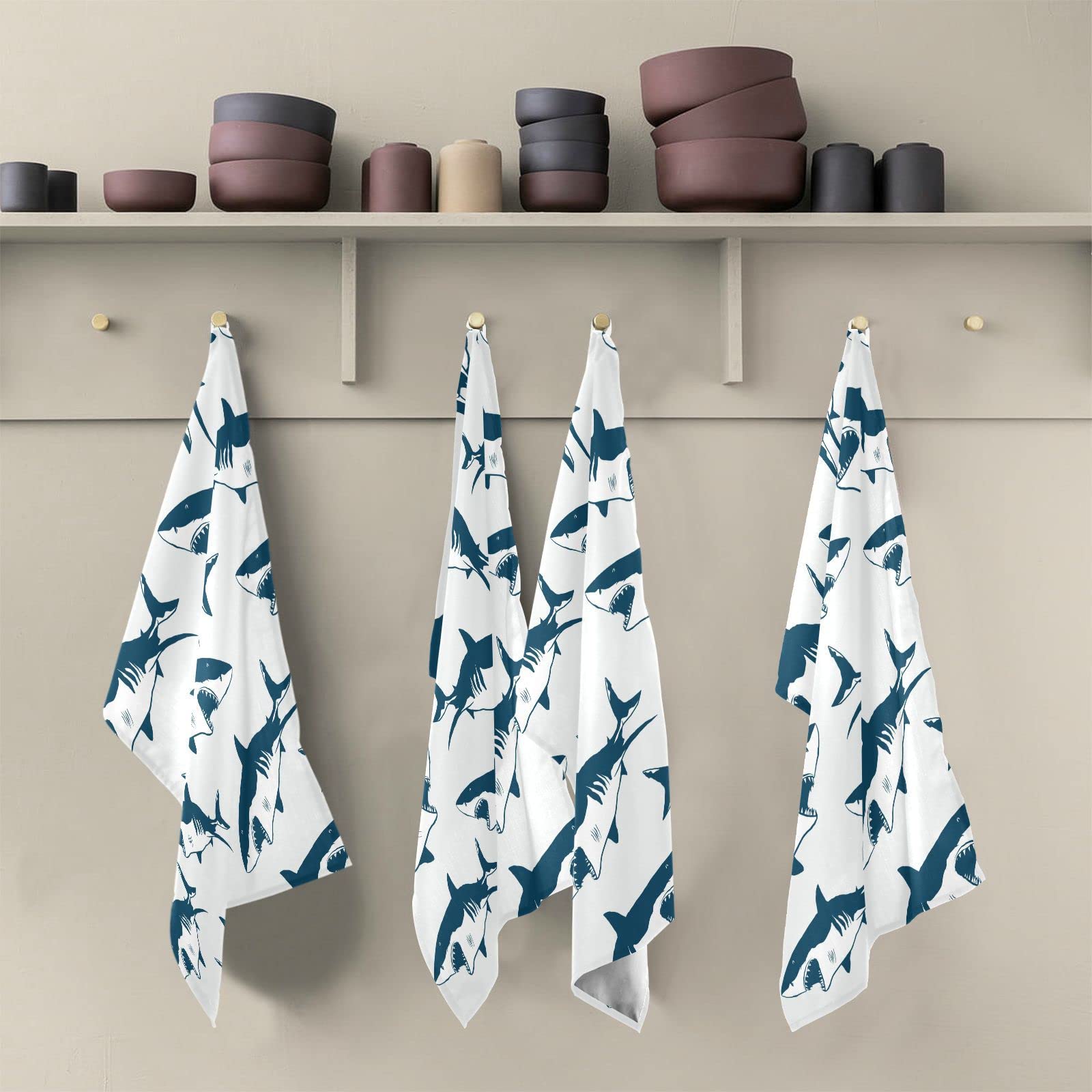 Kigai Cartoon Sharks Kitchen Towels 18x28 inch Ultra Soft Absorbent Quick Drying Kitchen Dish Towels Washable Cleaning Cloths Hand Towels Tea and Bar Towels, 1 Pack