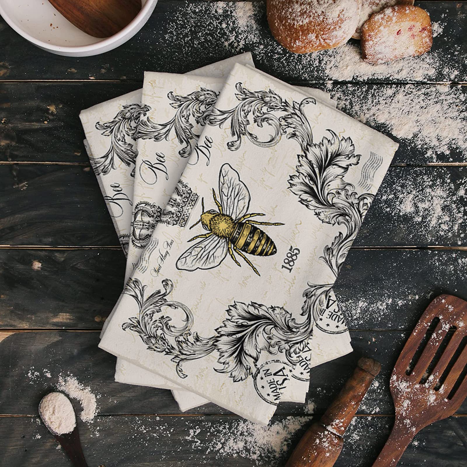 Kitchen Dish Towels 2 Pack-Super Absorbent Soft Microfiber,Sweet Honey Bees Crown Vintage Cleaning Dishcloth Hand Towels Tea Towels for Kitchen Bathroom Bar