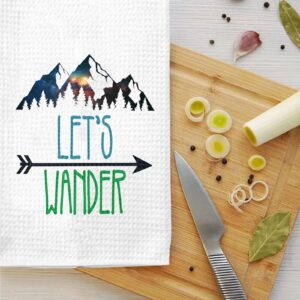 LEVLO Camping Kitchen Towel Camping Life Gift Let's Wander Camper Tea Towels Housewarming Gift Waffle Weave Kitchen Decor Dish Towels (Let's Wander)