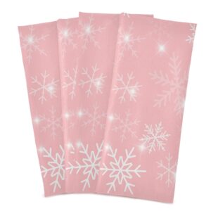 Exnundod Pink Kitchen Dish Towels Christmas Snowflakes Set of 4, Kitchen Towels Winter Themed Dish Cloth Reusable Cleaning Dishcloth Drying Wiping Decorative 18x28inch