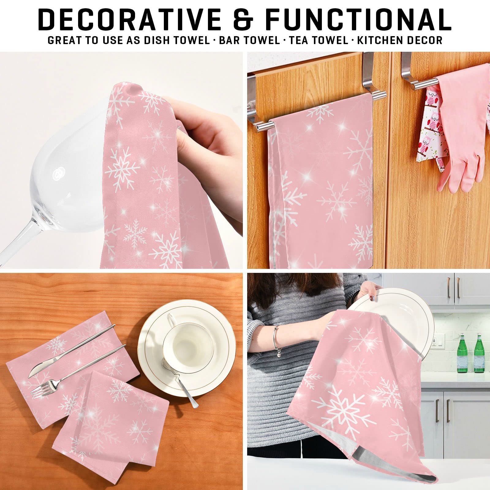 Exnundod Pink Kitchen Dish Towels Christmas Snowflakes Set of 4, Kitchen Towels Winter Themed Dish Cloth Reusable Cleaning Dishcloth Drying Wiping Decorative 18x28inch