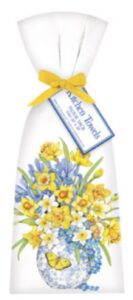 mary lake thompson t774 2 daffodil vase ribbon tied flour sack towels 30 inches square, screen print design in lower center only