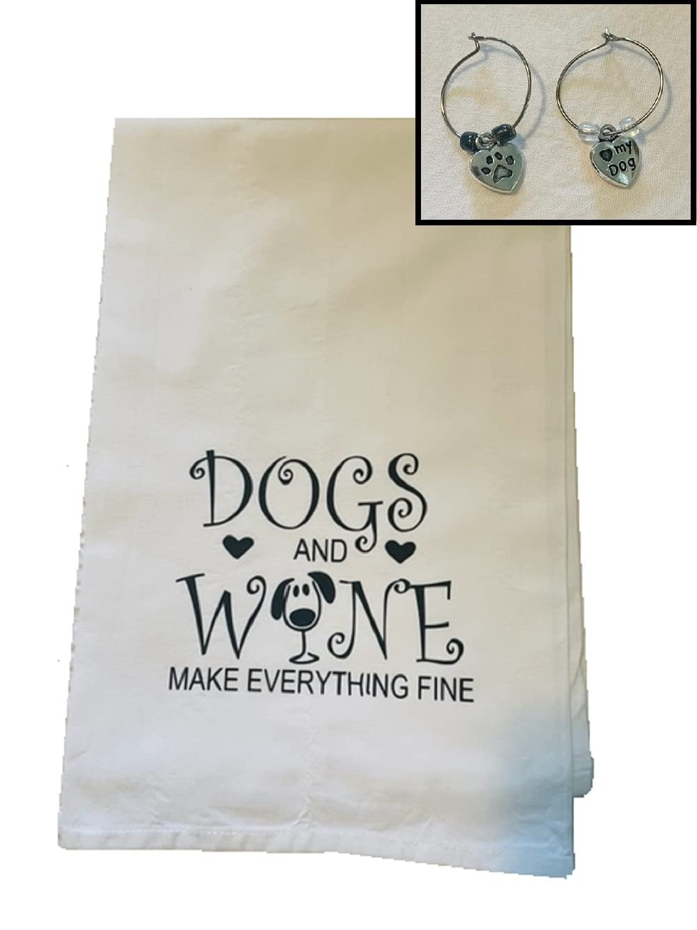 Kitchen Tea Towel & Wine Charm Set - Dogs and Wine Make Everything Fine - Flour Sack Dish Tea Towel - Funny Housewarming Host Gift and Kitchen Decor