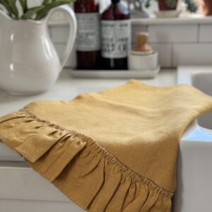 Farmhouse Linen Dish Towel, Linen Tea Towel, Ruffled Linen, Set of 2, Shabby Chic (Ochre)