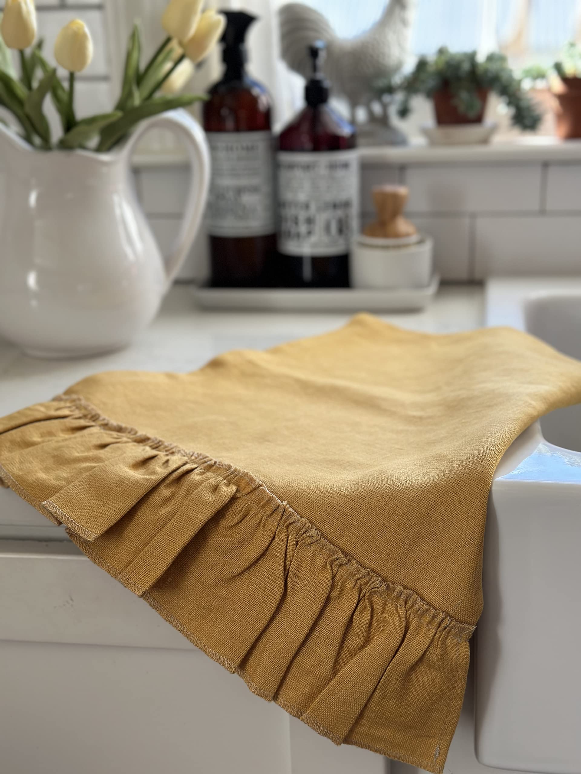 Farmhouse Linen Dish Towel, Linen Tea Towel, Ruffled Linen, Set of 2, Shabby Chic (Ochre)