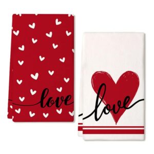 arkeny valentine day kitchen towels red heart dish towels 18x26 inch ultra absorbent wedding drying cloth love sign hand towel for valentine decorations set of 2