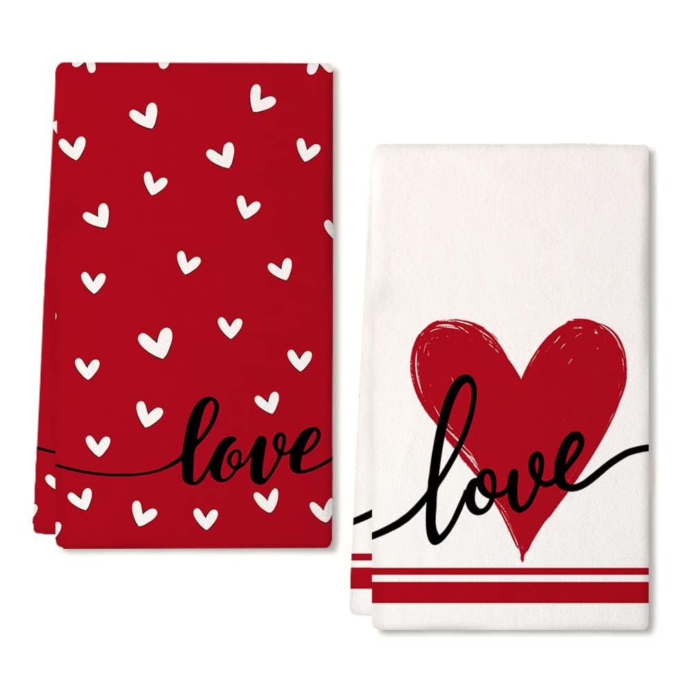 ARKENY Valentine Day Kitchen Towels Red Heart Dish Towels 18x26 Inch Ultra Absorbent Wedding Drying Cloth Love Sign Hand Towel for Valentine Decorations Set of 2