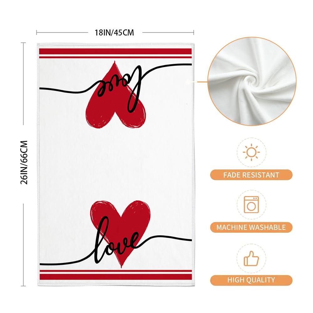 ARKENY Valentine Day Kitchen Towels Red Heart Dish Towels 18x26 Inch Ultra Absorbent Wedding Drying Cloth Love Sign Hand Towel for Valentine Decorations Set of 2