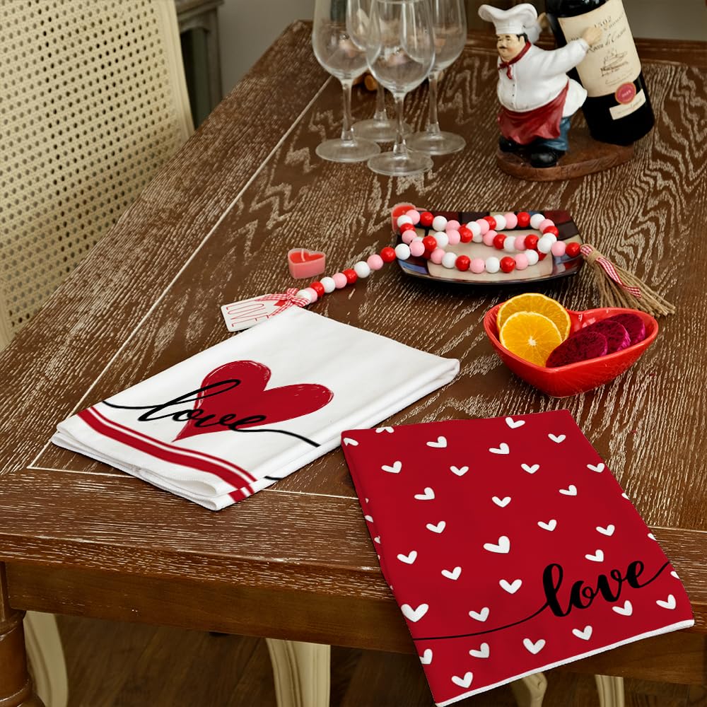 ARKENY Valentine Day Kitchen Towels Red Heart Dish Towels 18x26 Inch Ultra Absorbent Wedding Drying Cloth Love Sign Hand Towel for Valentine Decorations Set of 2