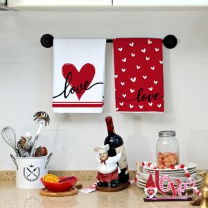 ARKENY Valentine Day Kitchen Towels Red Heart Dish Towels 18x26 Inch Ultra Absorbent Wedding Drying Cloth Love Sign Hand Towel for Valentine Decorations Set of 2