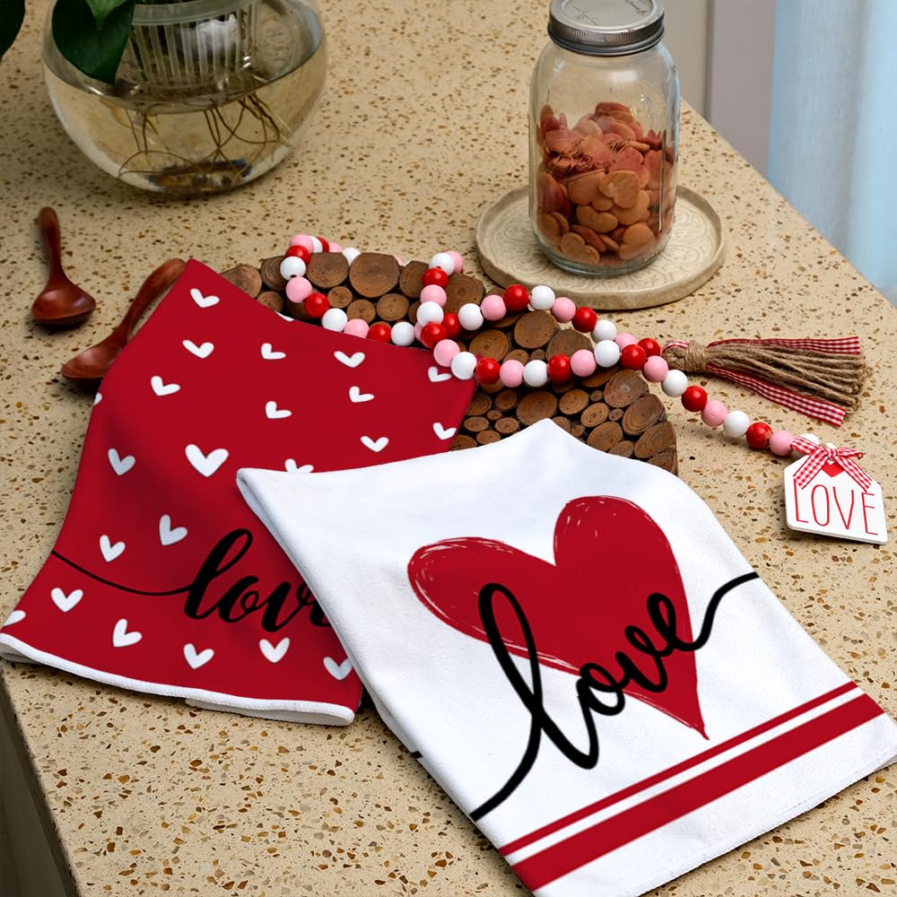 ARKENY Valentine Day Kitchen Towels Red Heart Dish Towels 18x26 Inch Ultra Absorbent Wedding Drying Cloth Love Sign Hand Towel for Valentine Decorations Set of 2