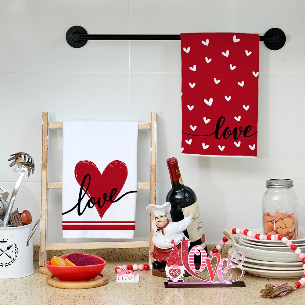 ARKENY Valentine Day Kitchen Towels Red Heart Dish Towels 18x26 Inch Ultra Absorbent Wedding Drying Cloth Love Sign Hand Towel for Valentine Decorations Set of 2