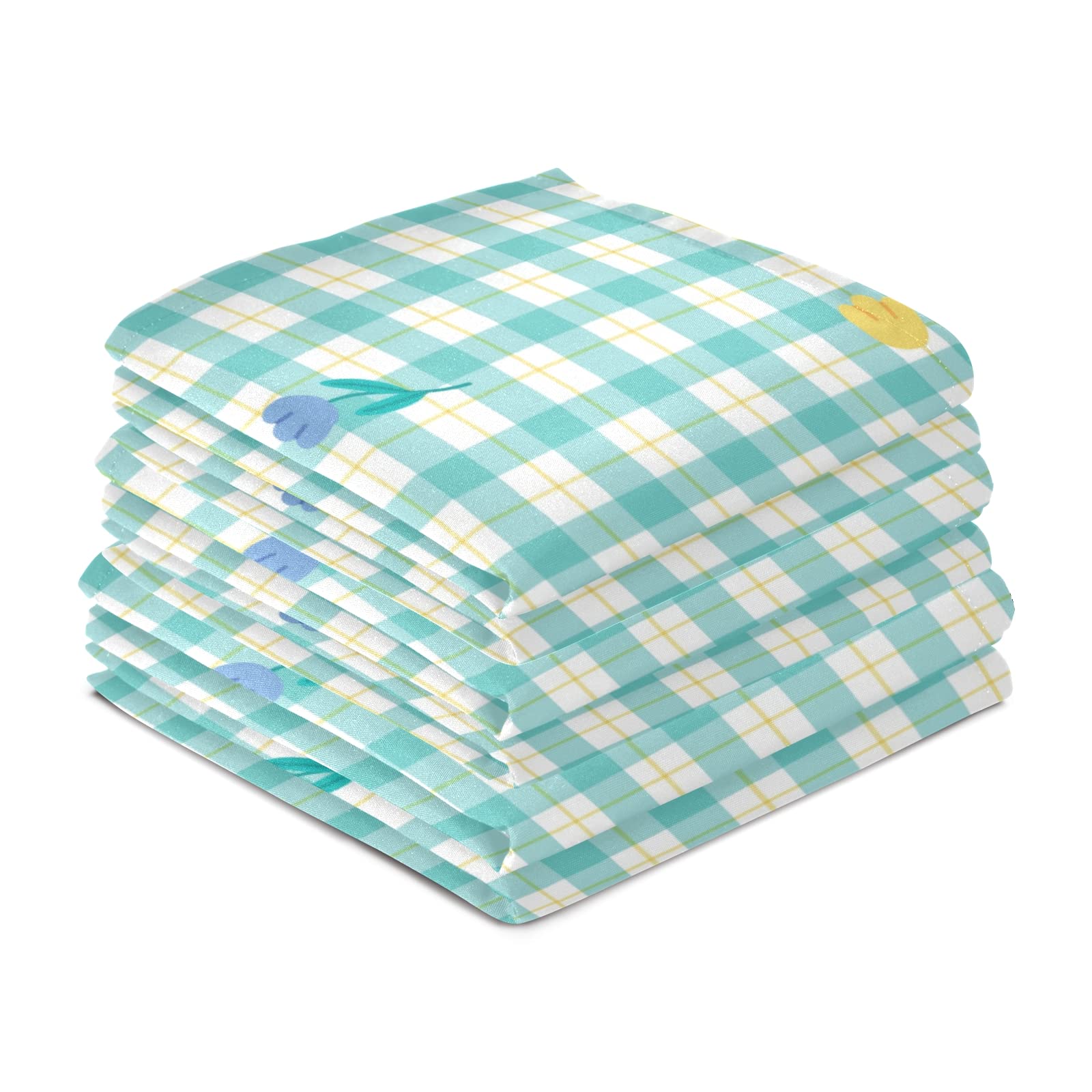 Kigai Kitchen Dish Towels Green Mint Gingham Tulip Flower Soft Tea Towel Set of 4 Absorbent Dishcloths Hand Towels for Dish Clean Cloth 28" x 18"