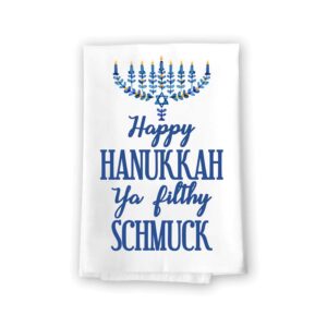 honey dew gifts, happy hanukkah ya filthy schmuck, 27 x 27 inch, made in usa, flour sack towels, hanukkah gifts, holiday dish towel, candlestick menorah towels, funny jewish decor