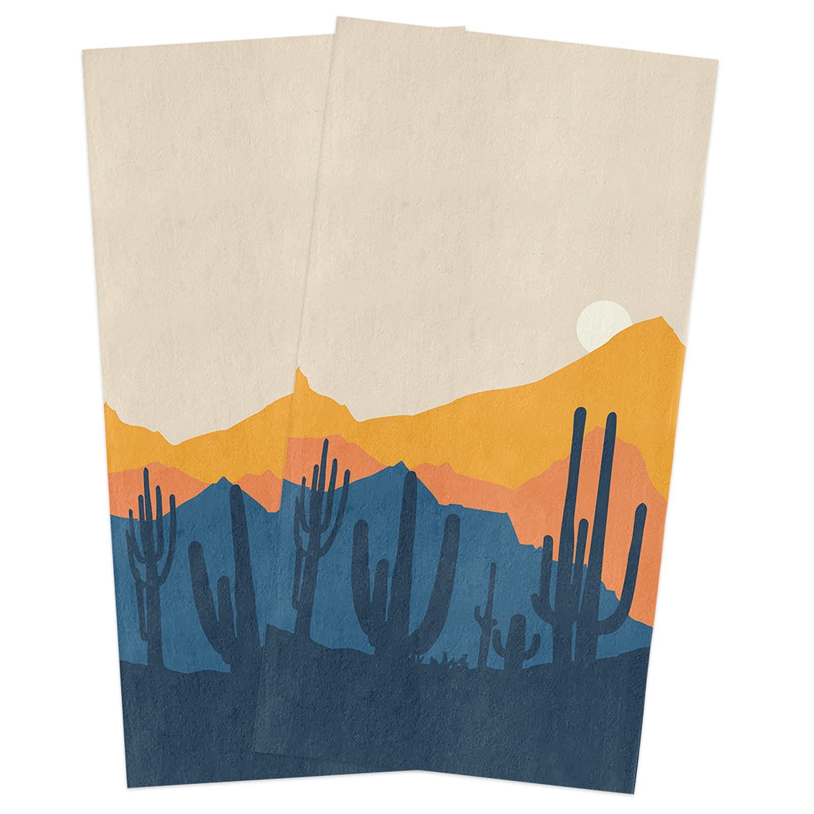 Kitchen Dish Towels 2 Pack-Super Absorbent Soft Microfiber,Cartoon Yellow Mountains Cactus Desert Sun Setting Cleaning Dishcloth Hand Towels Tea Towels for Kitchen Bathroom Bar