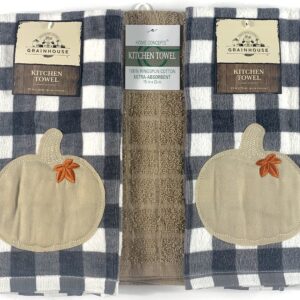 Serafina Home Farmhouse Country Kitchen Dish Towels Set: Black and White Check Harvest Pumpkin Design (Check Pumpkin)