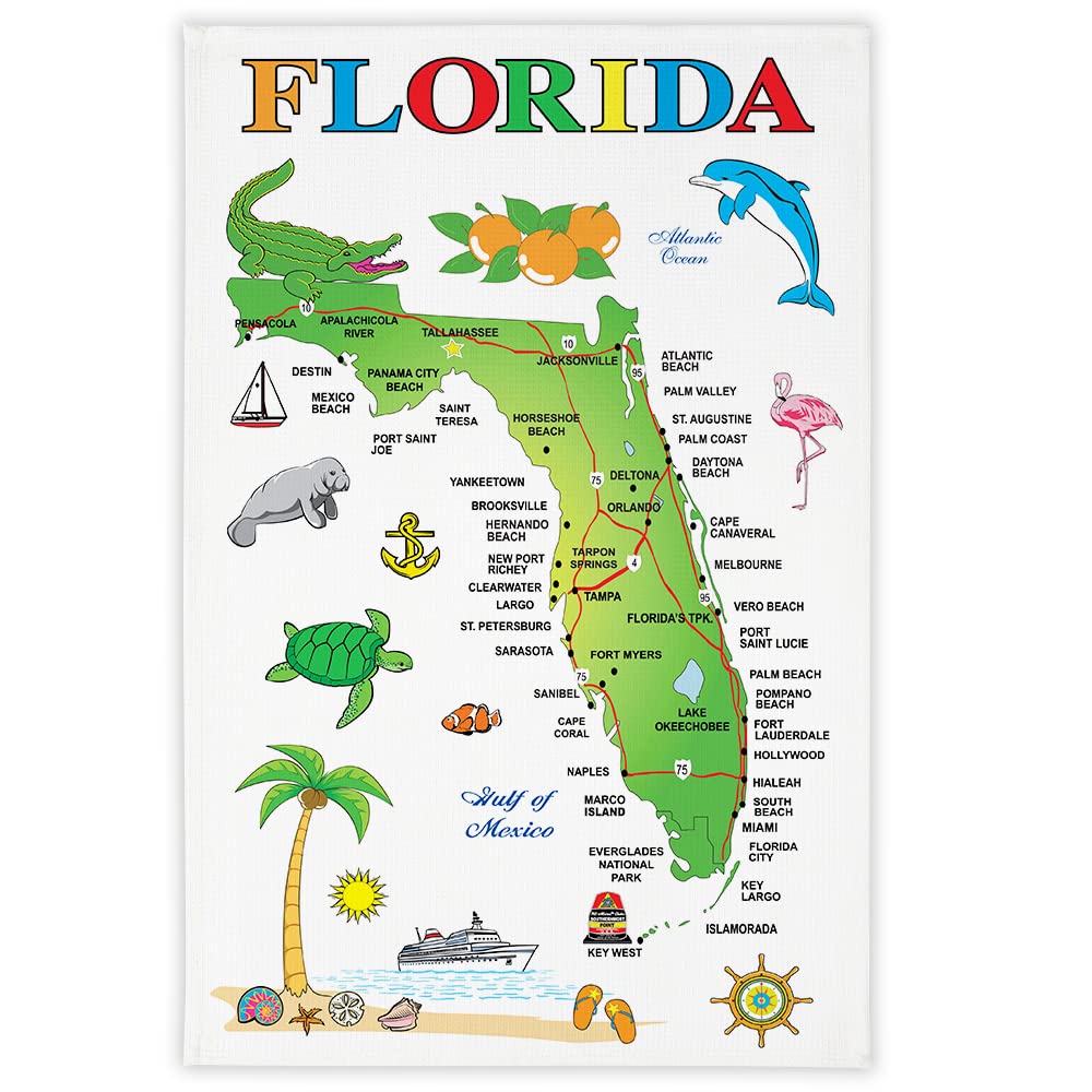 Florida State Tea Towels Souvenir Gifts Set of 2, Cotton Kitchen Towel Florida Souvenirs 27 x 18 Inches, Miami, Key West, Orlando Super Soft and Absorbent Bar Towels