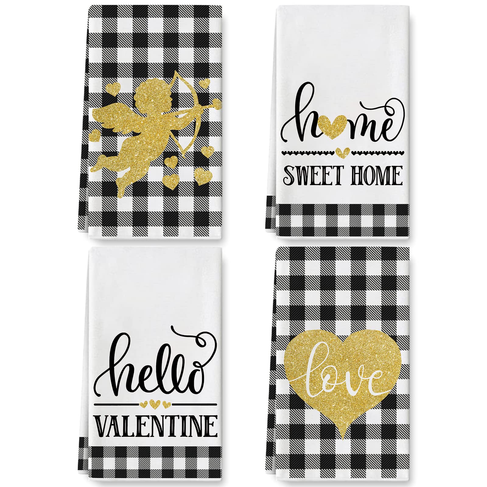 AnyDesign Valentine's Day Kitchen Towel Gold Love Cupid Dish Towel 18 x 28 Inch White Black Buffalo Plaids Hand Drying Towel Tea Towel for Wedding Anniversary Cooking Baking, Set of 4