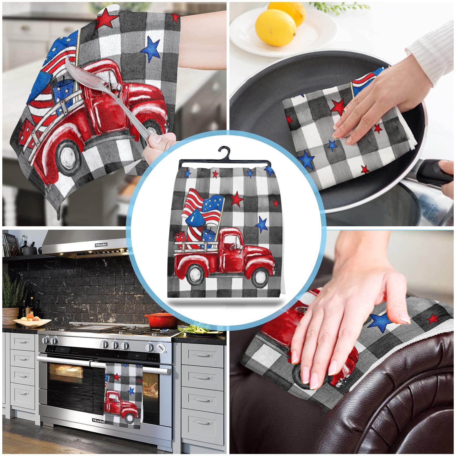 4th of July Kitchen Towels Set USA Flag Red Truck Decorative Hand Towel Black Buffalo Check Plaid Independence Day Dish Towel Dishcloths 3 Pack July 4th Dish Cloths for Home Cooking Baking