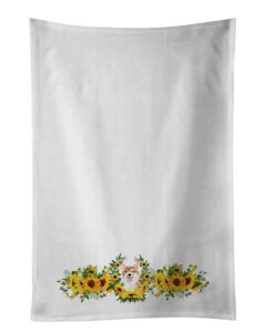 caroline's treasures ck2943wtkt corgi in sunflowers white kitchen towel set of 2 dish towels decorative bathroom hand towel for hand, face, hair, yoga, tea, dishcloth, 19 x 25, white