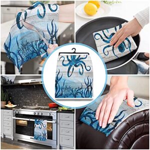 Meet 1998 Marine Wildlife Octopus Kitchen Towels, Hand Drying Towel, Soft Absorbent Multipurpose Cloth Tea Towels for Cooking Baking, Plant Coral Blue Washable Dish Towels Cloth 18x28 Inch
