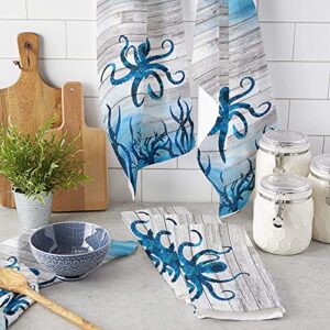 Meet 1998 Marine Wildlife Octopus Kitchen Towels, Hand Drying Towel, Soft Absorbent Multipurpose Cloth Tea Towels for Cooking Baking, Plant Coral Blue Washable Dish Towels Cloth 18x28 Inch