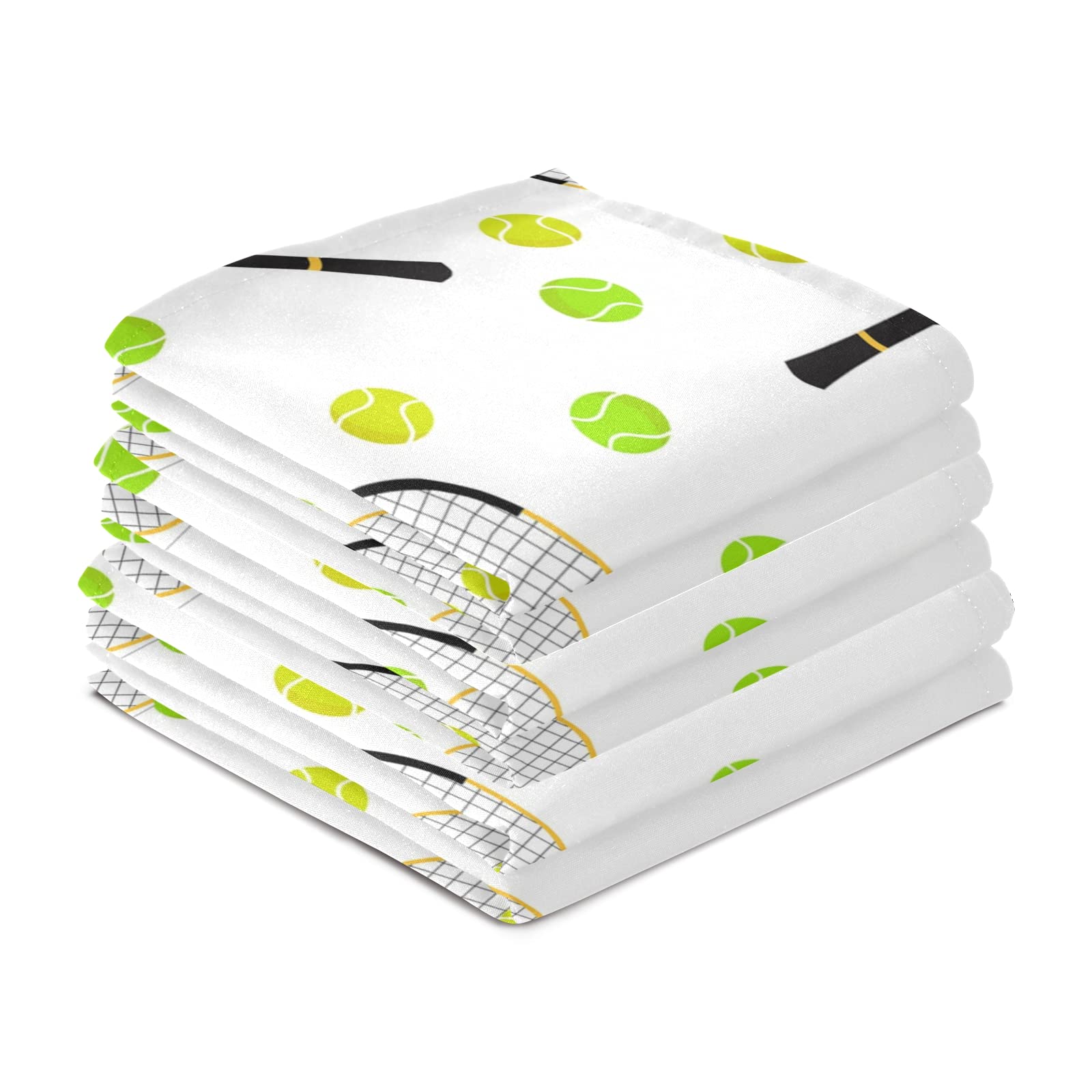 Oyihfvs Tennis Balls and Rackets Seamless On White Set of 6 Polyester Kitchen Dish Towel, Dishtowels Waffle Dishcloths, Hemmed Napkin Hand Bar Tea Towels with Hanging Loop, Multi 20, 28x18 inches