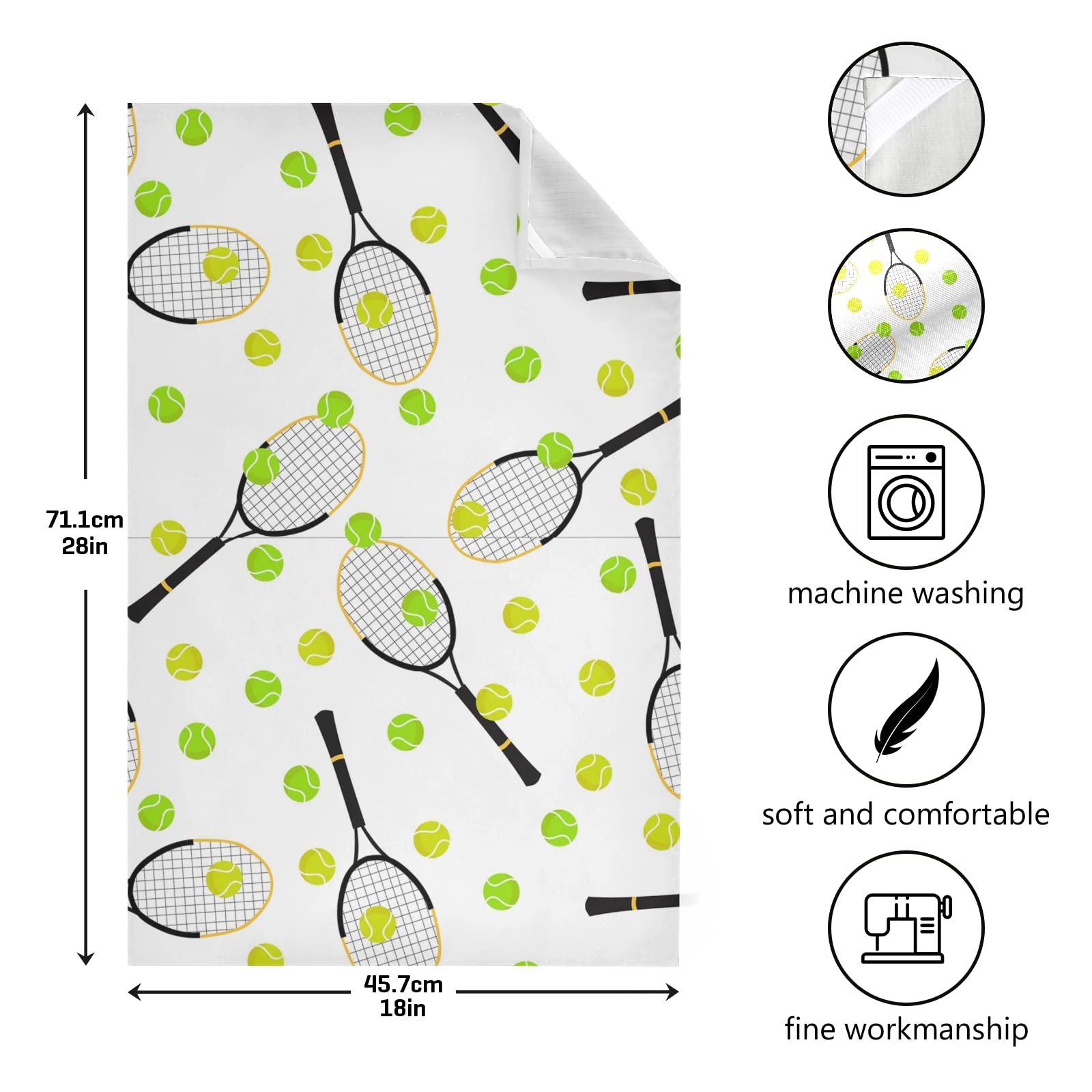 Oyihfvs Tennis Balls and Rackets Seamless On White Set of 6 Polyester Kitchen Dish Towel, Dishtowels Waffle Dishcloths, Hemmed Napkin Hand Bar Tea Towels with Hanging Loop, Multi 20, 28x18 inches