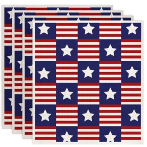 anydesign american flag swedish dishcloth stars stripes 4th of july kitchen towels reusable washable cotton dish towels for independence day home party cleaning, 7 x 8, 4 pack