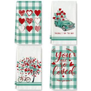 anydesign valentine's day kitchen towel romantic heart love truck dish towel 18 x 28 inch blue white buffalo plaids hand drying towel tea towel for wedding anniversary cooking baking, set of 4