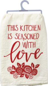 primitives by kathy 105158 this kitchen is seasoned with love cotton dish towel, 28-inch, red and white