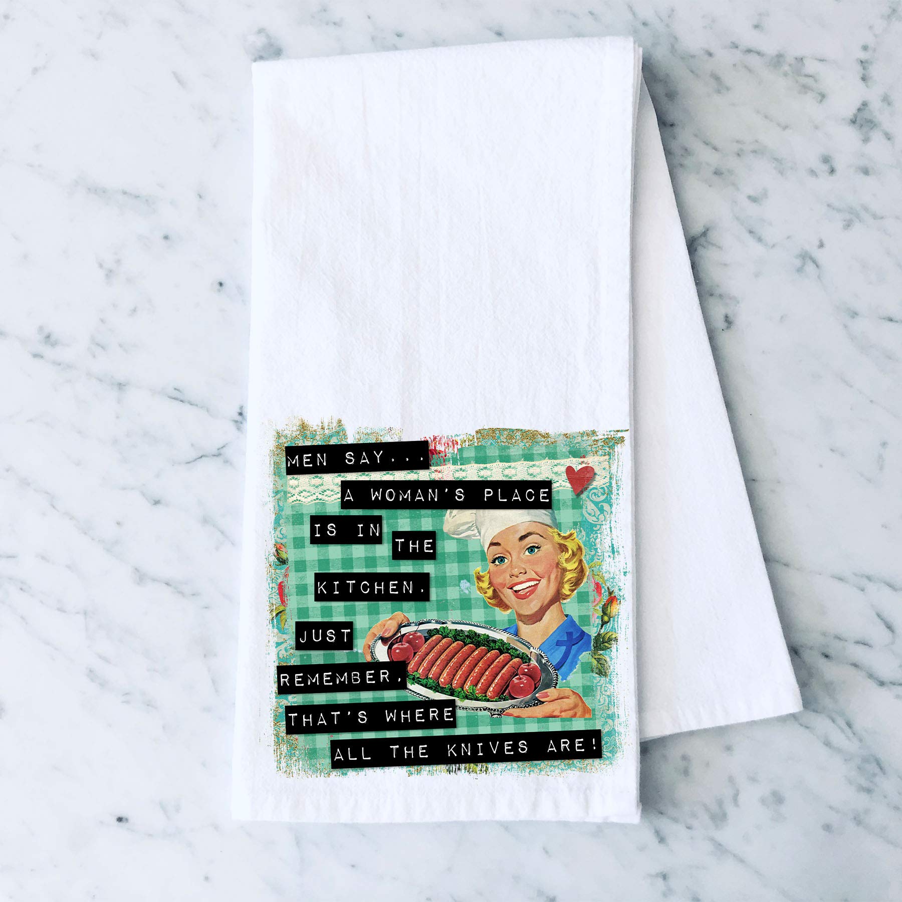 A Woman's Place is in the Kitchen, Where the Knives are Funny Vintage Housewife Flour Sack Cotton Tea Towel Kitchen Linen