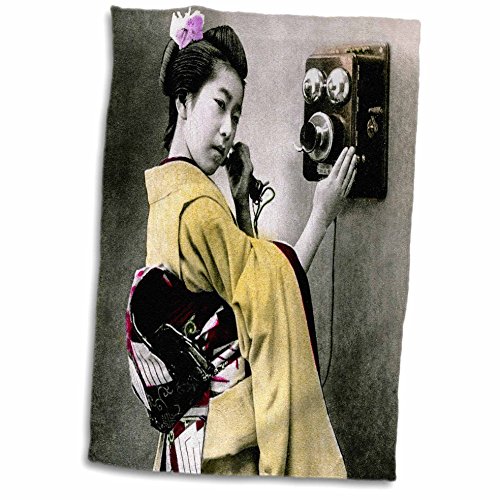 3dRose Vintage Japanese Geisha Placing Call Hand Crank Telephone Hand Tinted - Towels (twl-246623-1)