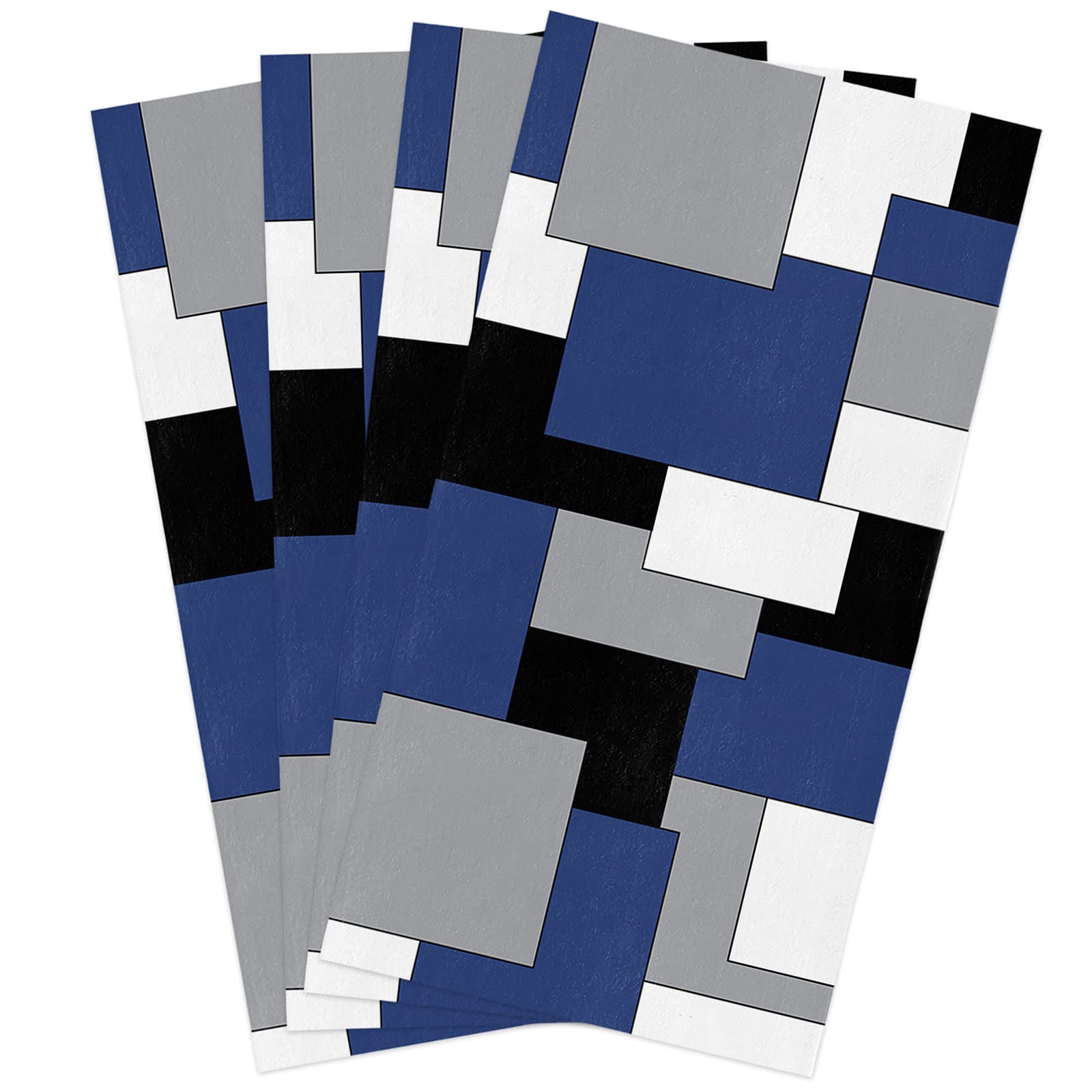 Navy Blue and Black Modern Color Block Kitchen Towels - 4 Pack Absorbent Dish Towels for Kitchen Geometric Gray White Patckwork Plaid Farmhouse Kitchen Hand Towels/Tea Towels/Bar Towels 18"x28"