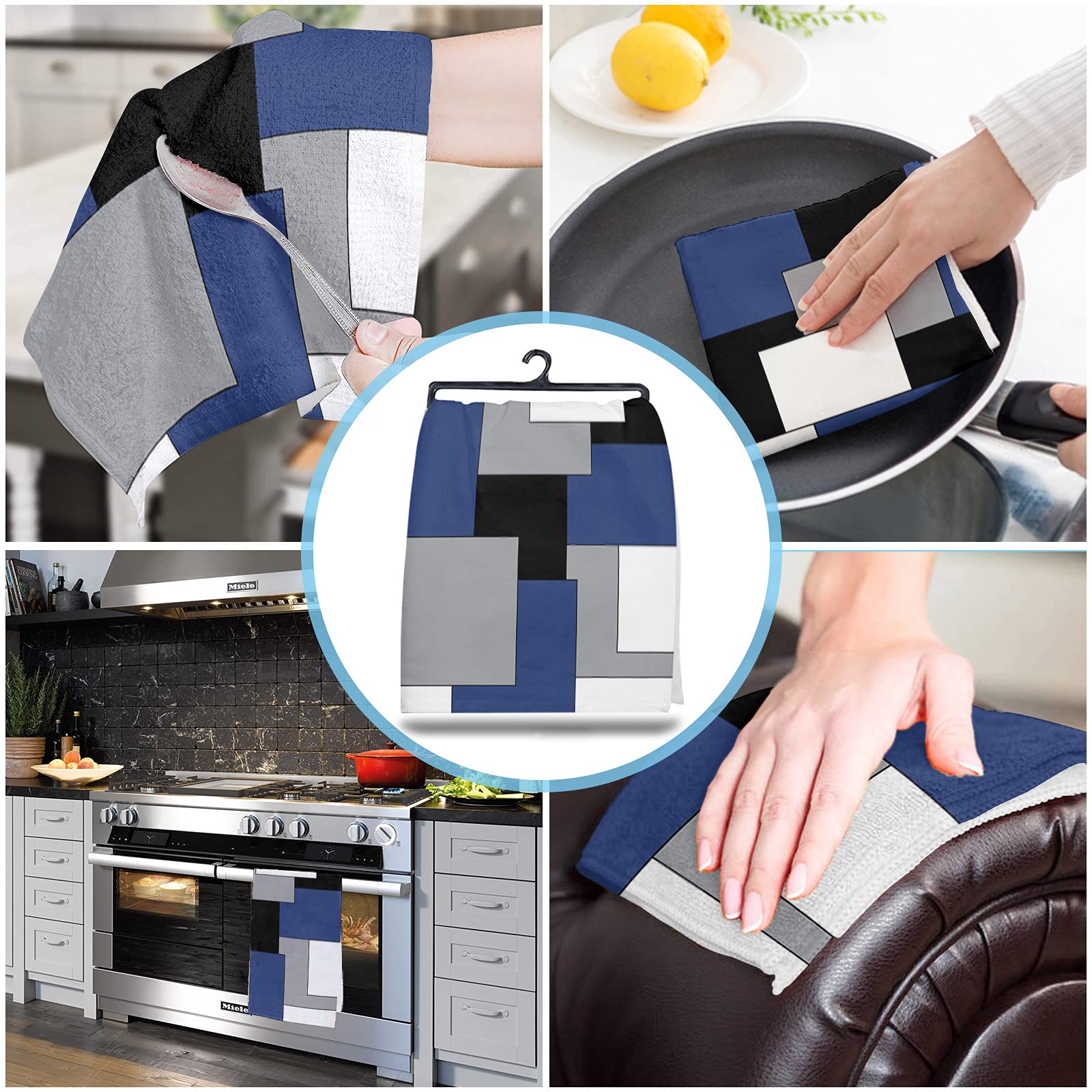 Navy Blue and Black Modern Color Block Kitchen Towels - 4 Pack Absorbent Dish Towels for Kitchen Geometric Gray White Patckwork Plaid Farmhouse Kitchen Hand Towels/Tea Towels/Bar Towels 18"x28"