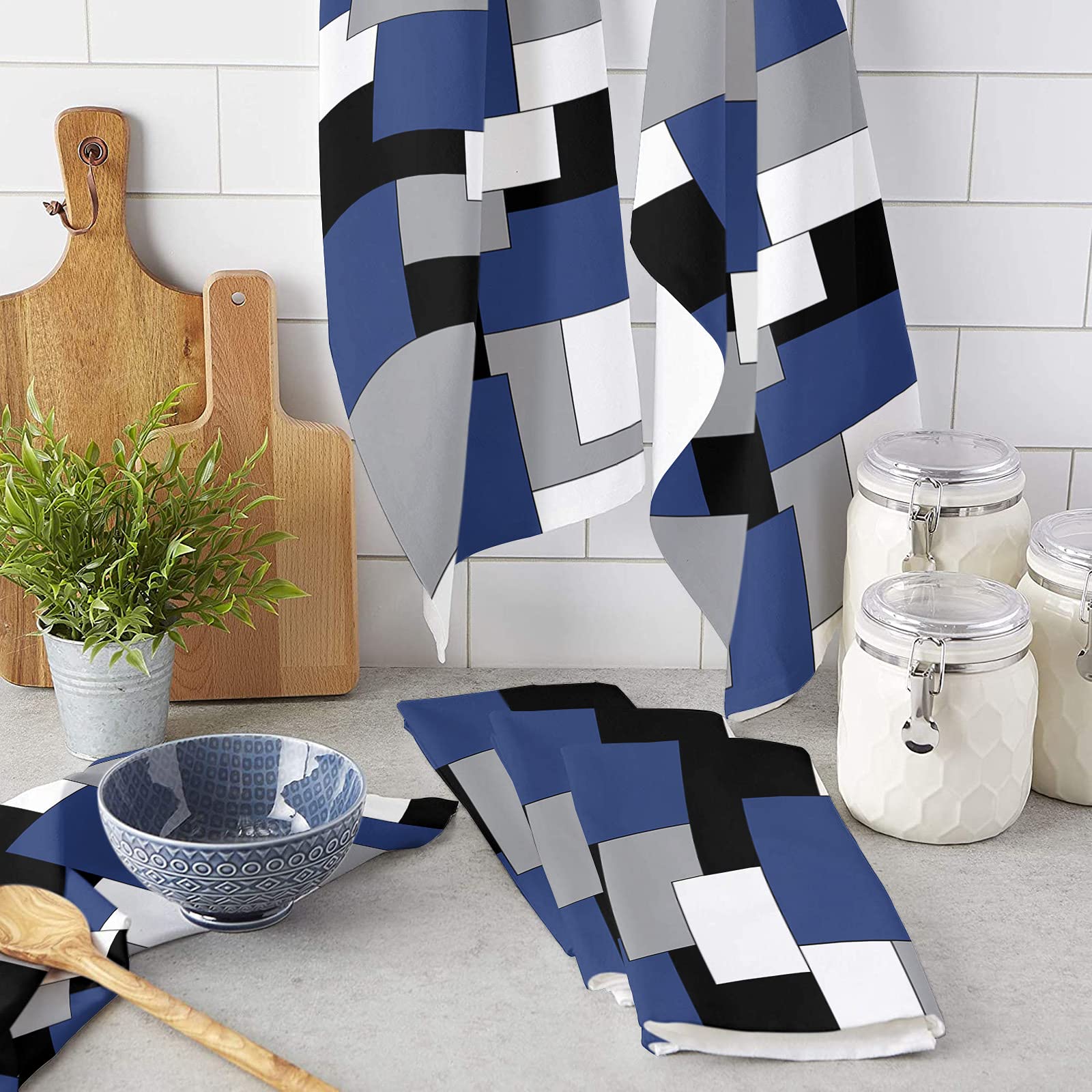 Navy Blue and Black Modern Color Block Kitchen Towels - 4 Pack Absorbent Dish Towels for Kitchen Geometric Gray White Patckwork Plaid Farmhouse Kitchen Hand Towels/Tea Towels/Bar Towels 18"x28"