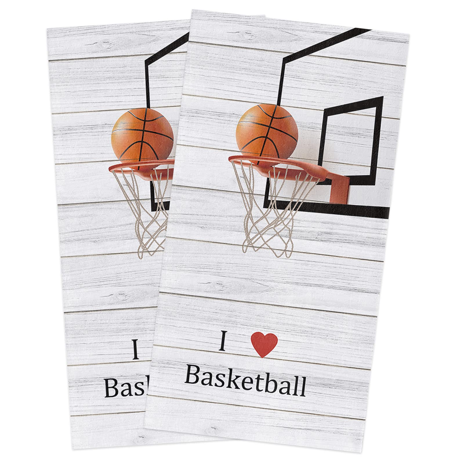 Kitchen Towels Set I Love Basketball Dish Towel Sport Wood Grain Dishcloths 2 Pack, 18x28 Inches Absorbent Soft Cotton Dish Cloths Bar Towels & Tea Towels