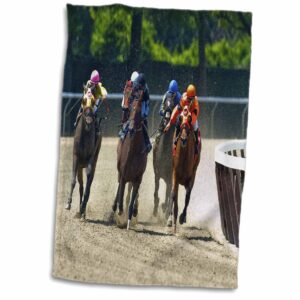 3d rose group of horses racing-jockeys hand/sports towel, 15 x 22
