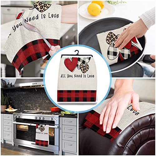 CirCleO Cotton Kitchen Towels 3 Pack, Vintage Heart Shape Black Red Buffalo Plaid Kitchen Dish Towels, Absorbent Dish Cloths/Bar Towels/Tea Towels/Hand Towels with Hanging Loop, Ultra Soft