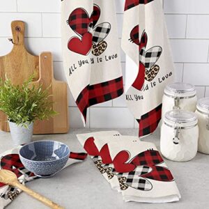 CirCleO Cotton Kitchen Towels 3 Pack, Vintage Heart Shape Black Red Buffalo Plaid Kitchen Dish Towels, Absorbent Dish Cloths/Bar Towels/Tea Towels/Hand Towels with Hanging Loop, Ultra Soft