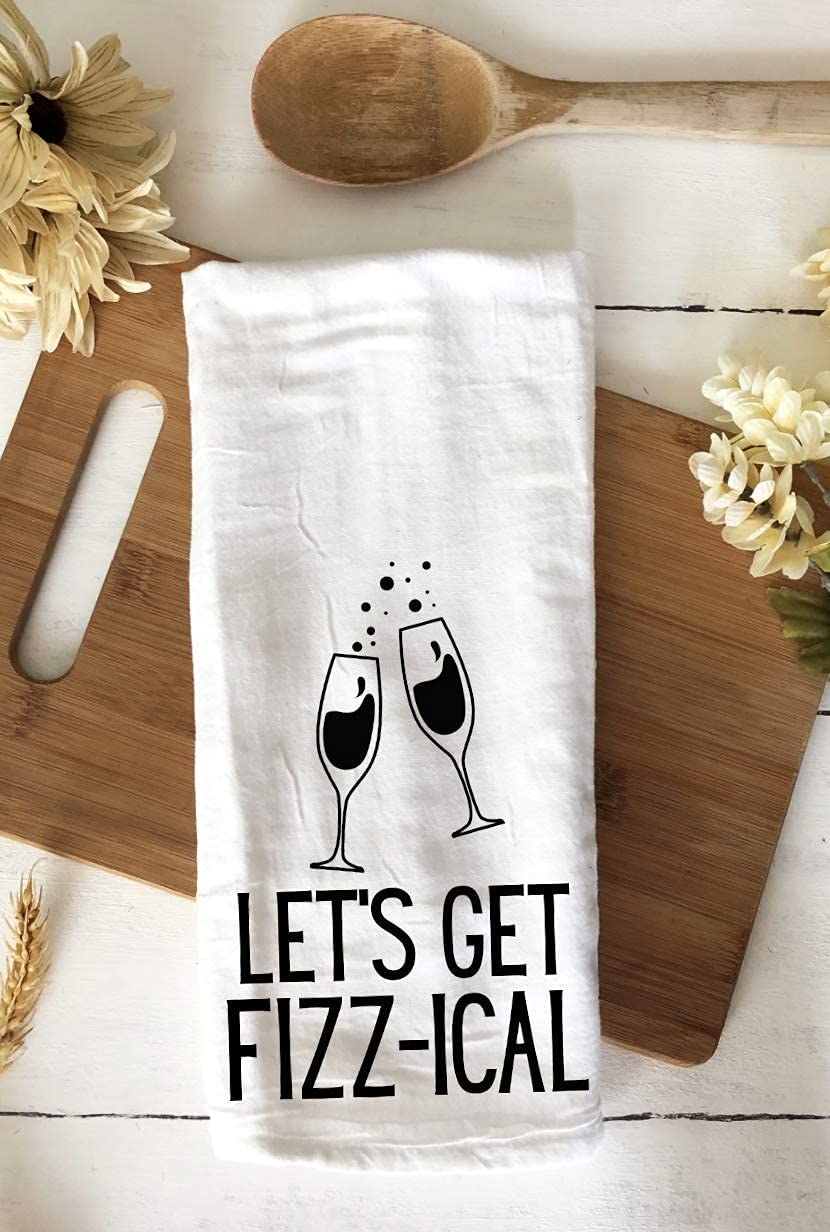 Handmade Funny Kitchen Towel - 100% Cotton Cheeky Champagne Toast Hand Bar Towels for Kitchen - 28x28 Inch Perfect for Hostess Housewarming Christmas Mother’s Day Birthday Gift (Let's Get Fizz-ical)