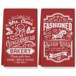 anydesign merry christmas kitchen towel red farmhouse dish towel 18 x 28 inch gingerbread sleigh rides tea towel hand drying towel for home party cooking baking, 2 packs