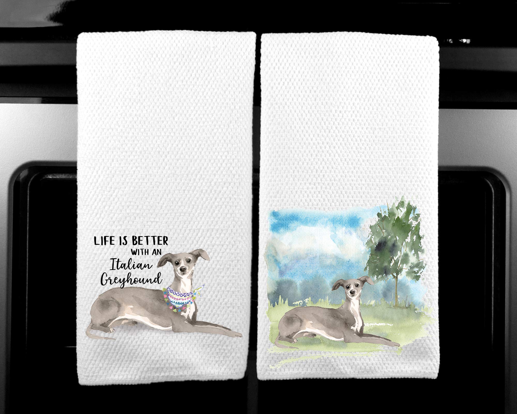 Italian Greyhound Landscape and Watercolor Dog Life is Better Microfiber Kitchen Tea Towel Set of 2