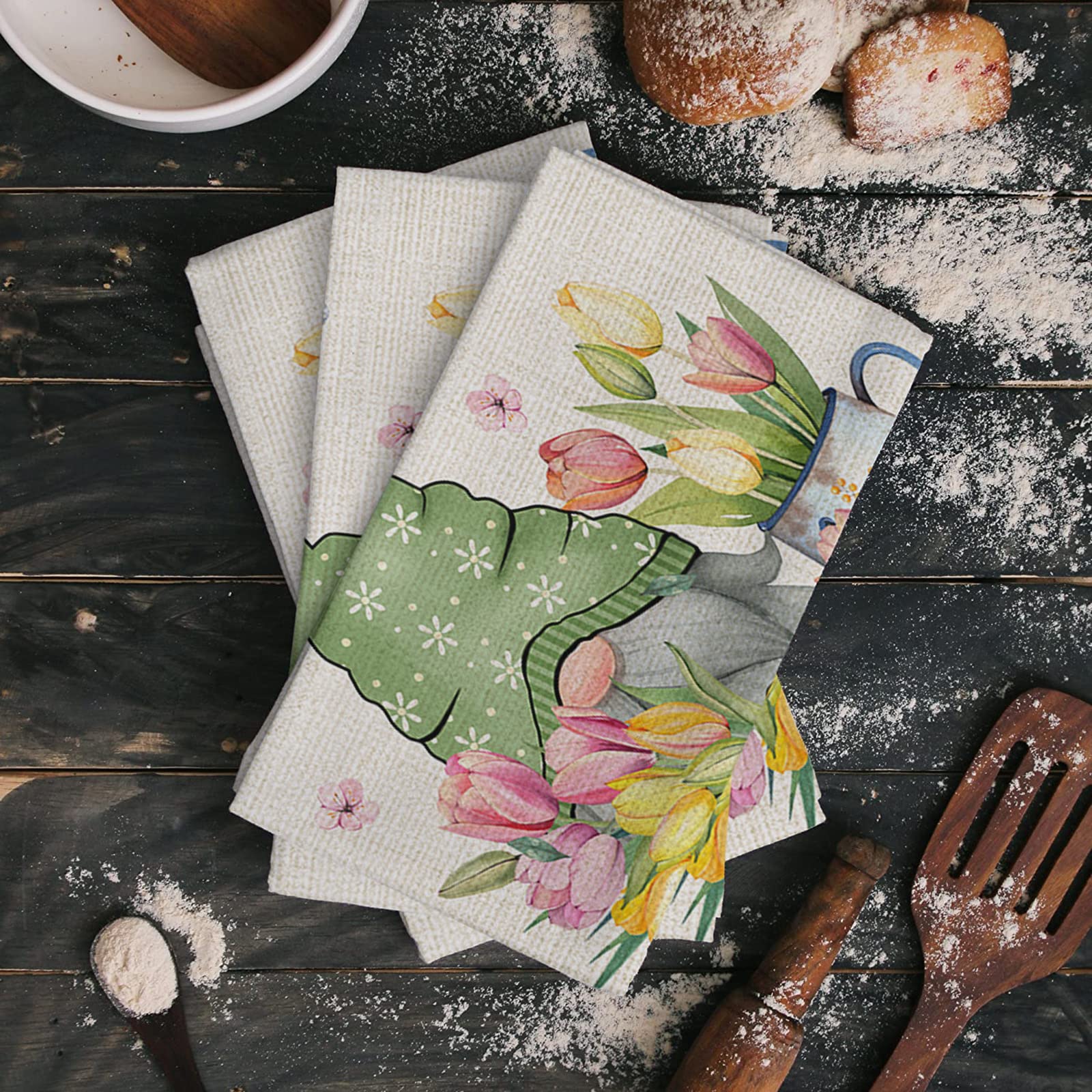 Kitchen Towels Set Ladybug Gnome Hand Towels Dish Towel Spring Floral Daisy Flower Farmhouse Dishcloths 2 Pack, 18x28 Inches Absorbent Soft Cotton Dish Cloths Bar Towels & Tea Towels