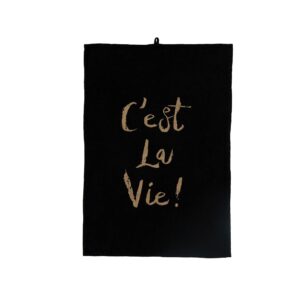 creative co-op cotton c'est la vie written in gold foil on front tea towel, 27" x 20", black